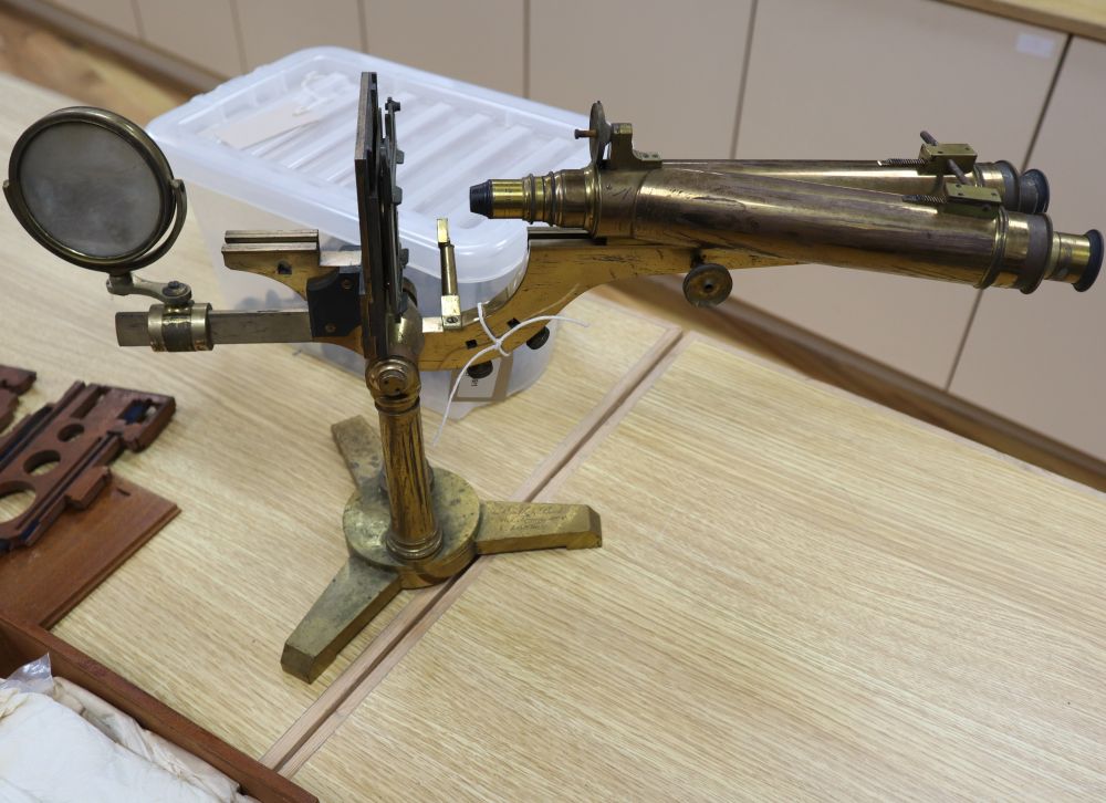 A mid-19th century Smith & Beck binocular microscope, 16 Coleman St, London, with accessories, H 60cm